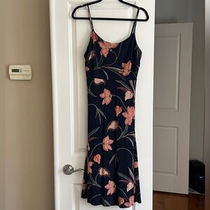 LOFT Navy Blue Floral Midi Dress, Size 8